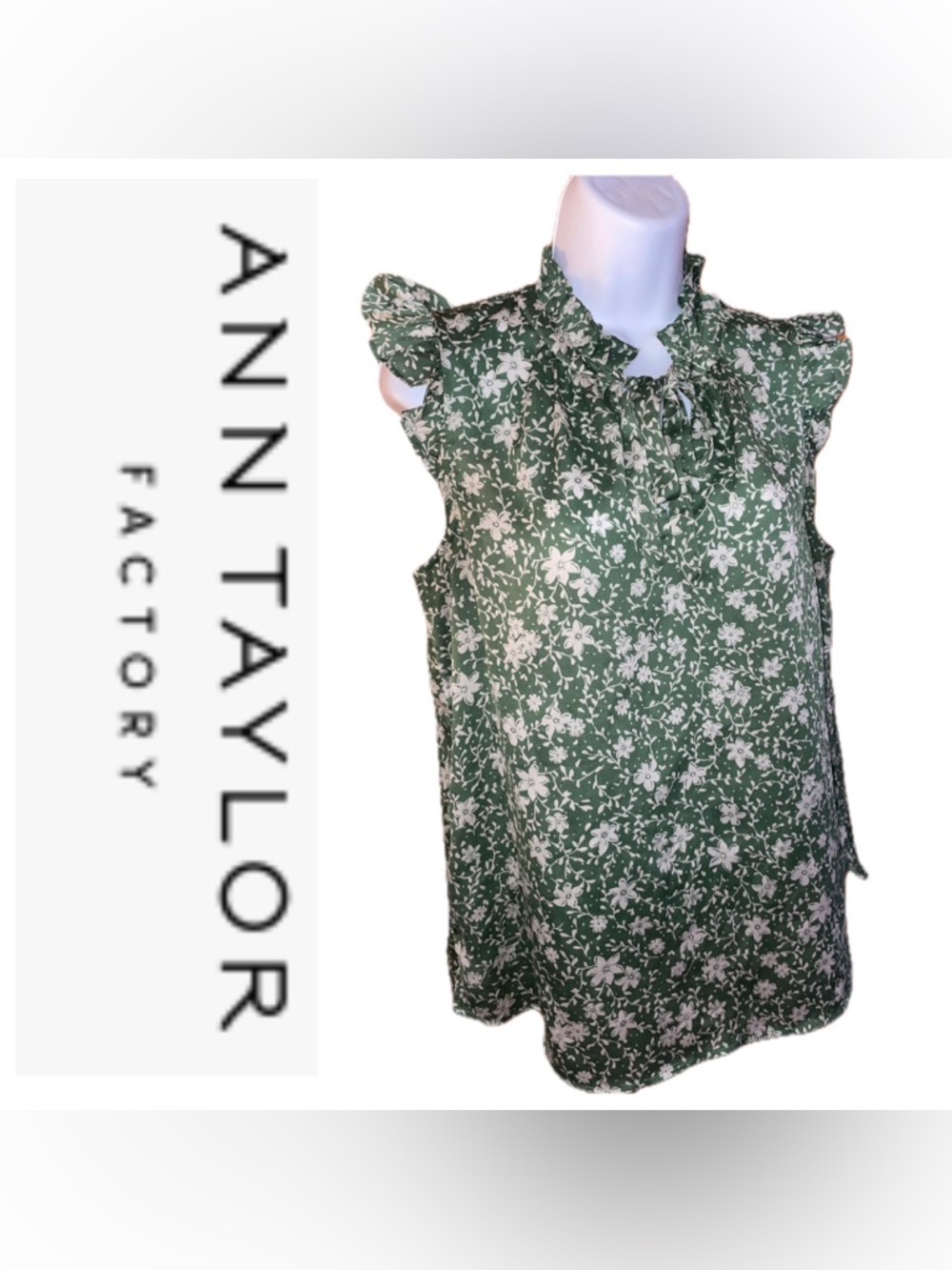 Green Floral Tie-Neck Ruffled Sleeveless Blouse